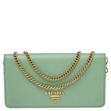 Pre Owned Prada Pista Green Saffiano Metal Mini Bandoliera Wallet On Chain