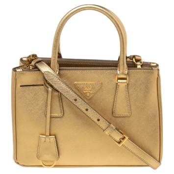Pre Owned Prada Metallic Gold Saffiano Lux Leather Small Galleria Double Zip Tote