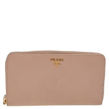 Prada Cream Saffiano Leather Zip Around Wallet