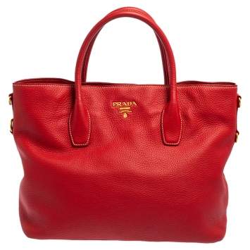 Pre Owned Prada Red Vitello Daino Leather Shopper Tote