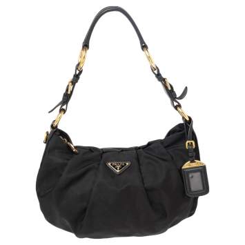 مملوكة مسبقًا Prada Black Pleated Nylon and Leather Hobo 