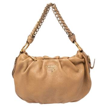 مملوكة مسبقًا Prada Beige Cervo Lux Leather Woven Chain Hobo