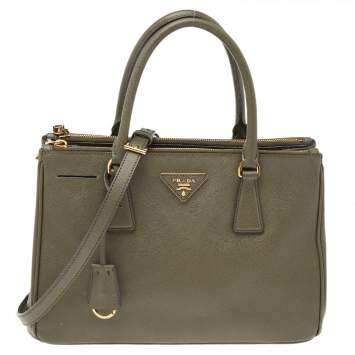 Pre Owned Prada Military Green Saffiano Lux Leather Small Double Zip Tote
