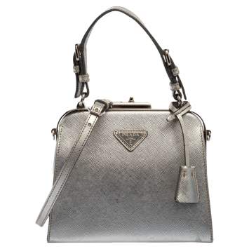 Pre Owned Prada Silver Saffiano Leather Frame Top Handle Bag