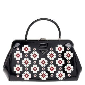 Pre Owned Prada Black Patent Leather Floral Hinge Top Handle Bag