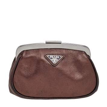 Pre Owned Prada Metallic Brown Leather Logo Plaque Coin Purse