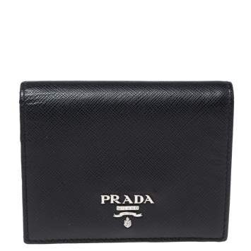 Pre Owned Prada Black Saffiano Lux Leather Bifold Logo Compact Wallet