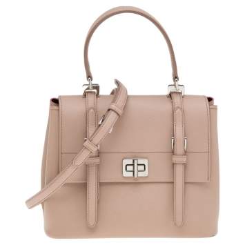 Pre Owned Prada Beige Leather Turn Lock Top Handle Bag