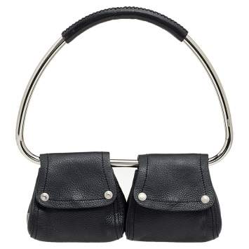 Pre Owned Prada Black Leather Silver Loop Top Handle Bag