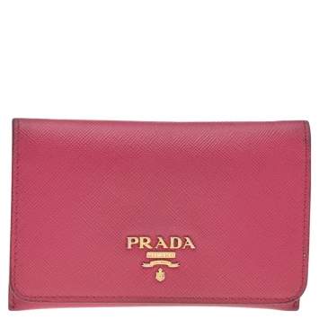 Pre Owned Prada Pink Saffiano Leather Flap Business Card Holder 