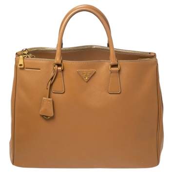 Pre Owned Prada Tan Saffiano Lux Leather Executive Galleria Double Zip Tote