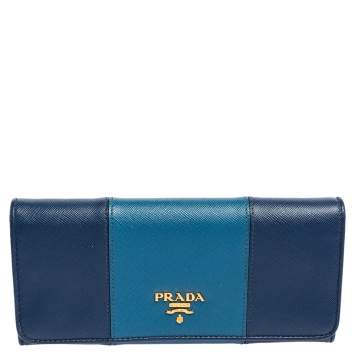 Pre Owned Prada Two Tone Blue Saffiano Lux Leather  Flap Continental Wallet
