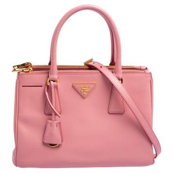 Pre Owned Prada Pink Saffiano Lux Leather Small Double Zip Galleria Tote