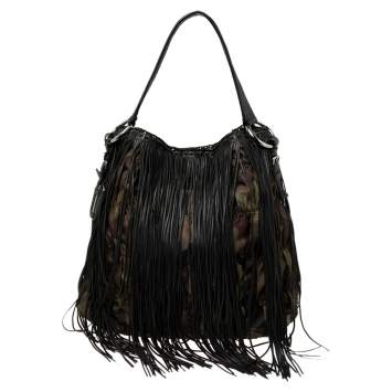 مملوكة مسبقًا Prada Black/Camo Nylon and Leather Fringe Hobo 