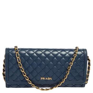 Pre Owned Prada Blue Quilted Leather Wallet on Chain