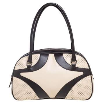 Pre Owned Prada Dark Brown/Cream Perforated Leather Drive Bowler Bag