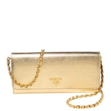 Pre Owned Prada Gold Saffiano Metal Leather Logo Flap Continental Wallet on Chain