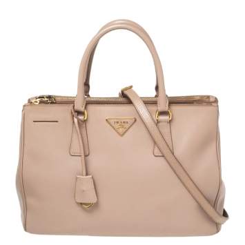Pre Owned Prada Beige Saffiano Leather Medium Galleria Double Zip Tote