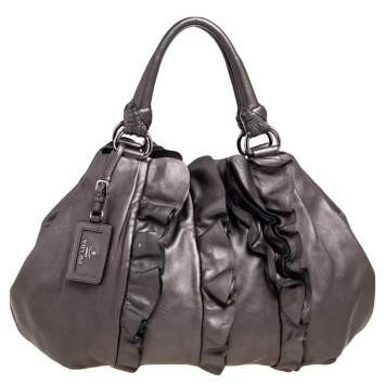 Pre Owned Prada Metallic Grey Ruffled Leather Hobo