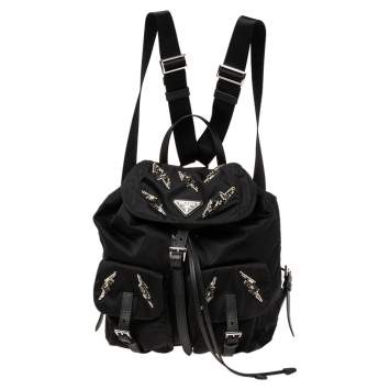 Pre Owned Prada Black Nylon Lightening Bolt Crystals Embellished Backpack