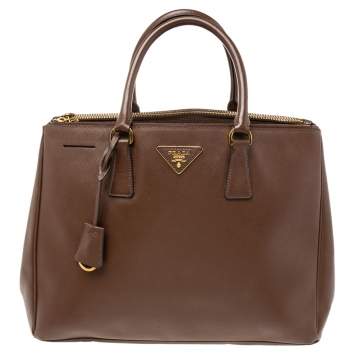 Pre Owned Prada Dark Brown Saffiano Leather Medium Galleria Double Zip Tote