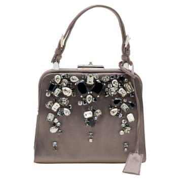 Pre Owned Prada Grey Satin Crystal Embellished Frame Top Handle Bag