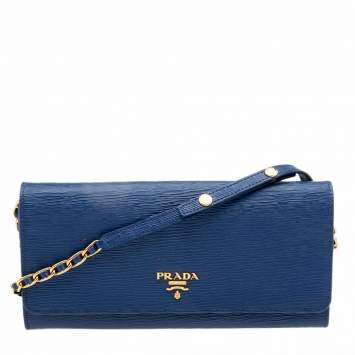 Pre Owned Prada Blue Vitello Move Leather Wallet on Chain