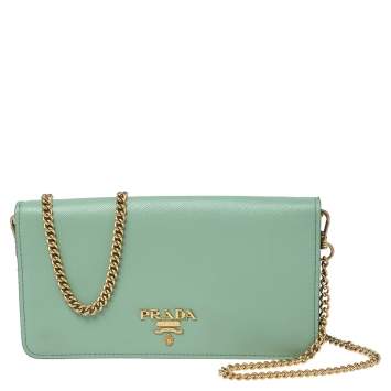 Pre Owned Prada Mint Green Saffiano Lux Leather Logo Flap Wallet on Chain