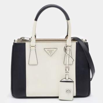 Pre Owned Prada Black/White Saffiano Leather Small Double Zip Tote