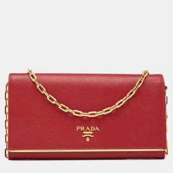 Pre Owned Prada Red Saffiano Metal Leather Flap Wallet on Chain