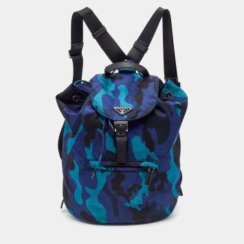 Pre Owned Prada Blue/Black Camouflage Printed Nylon And Leather Tessuto Backpack
