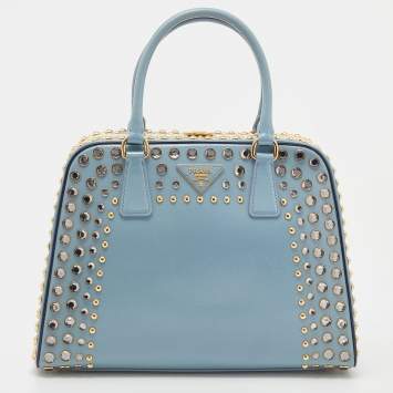 Pre Owned Prada Blue Saffiano Vernice Leather Crystal Pyramid Frame Satchel