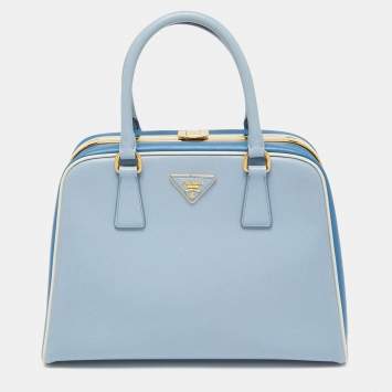 Pre Owned Prada Two Tone Blue Saffiano Lux Leather Pyramid Frame Satchel