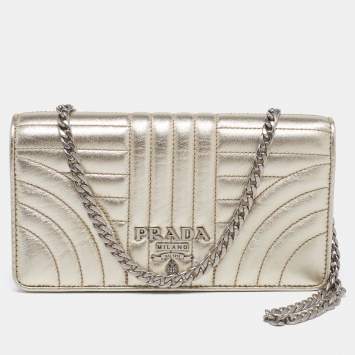 Pre Owned Prada Gold Quilted Leather Diagramme Impunture Wallet On Chain