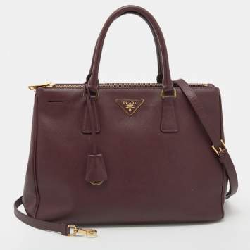 Pre Owned Prada Burgundy Saffiano Lux Leather Large Galleria Double Zip Tote