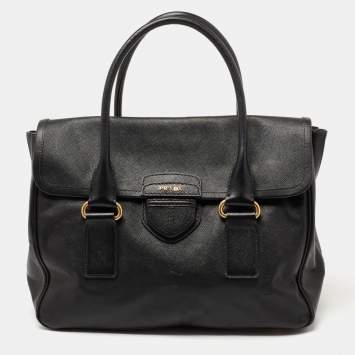 Pre Owned Prada Black Saffiano Leather Flap Satchel
