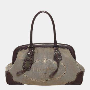 Pre Owned Prada Brown/Beige  Canapa Logo Frame Handbag
