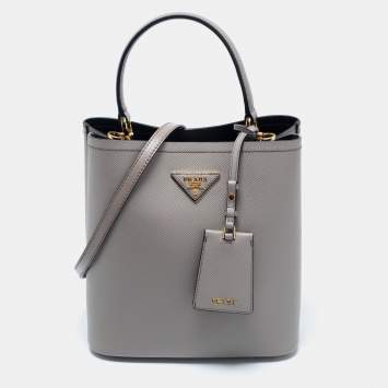 Pre Owned Prada Grey Saffiano Lux Leather Medium Panier Top Handle Bag