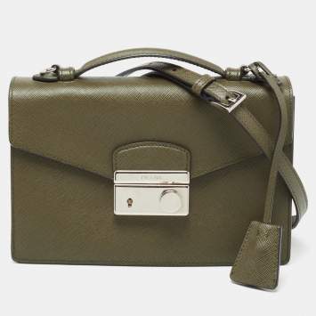 Pre Owned Prada Olive Green Saffiano Lux Leather Mini Sound Top Handle Bag
