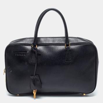 Pre Owned Prada Black Saffiano Leather Zip Bauletto Satchel