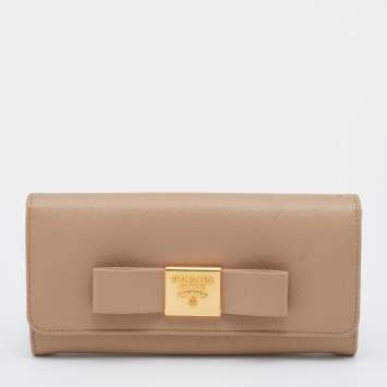 Pre Owned Prada Beige Saffiano Leather Bow Continental Wallet