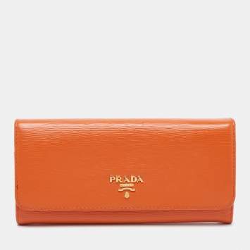 Pre Owned Prada Orange Saffiano Lux Leather Flap Continental Wallet