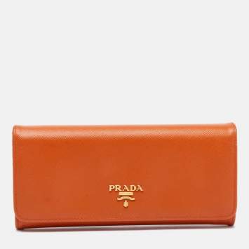 Pre Owned Prada Orange Saffiano Metal Leather Flap Continental Wallet