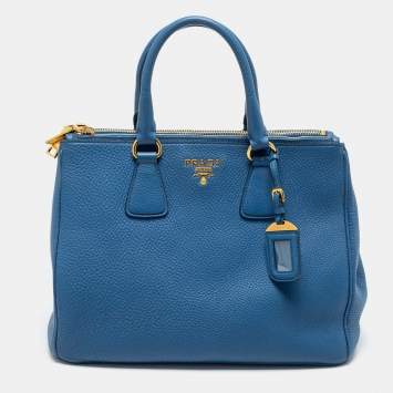 Pre Owned Prada Blue Vitello Daino Leather Double Zip Tote