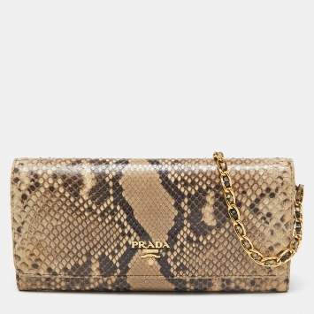 Pre Owned Prada Beige/brown Python Oro Flap Wallet On Chain