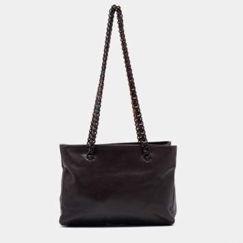 Pre Owned Prada Dark Brown Leather Nappa Chain Tote