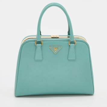 Pre Owned Prada Turquoise Blue Saffiano Leather Pyramid Frame Satchel