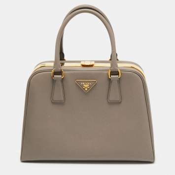 Pre Owned Prada Grey Saffiano Lux Leather Pyramid Frame Satchel