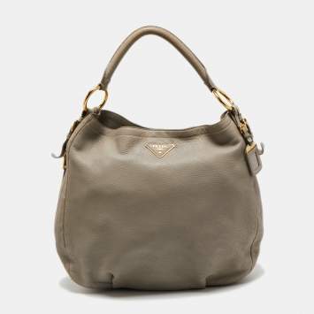 Pre Owned Prada Grey Vitello Daino Leather Large Side Pocket Zip Hobo
