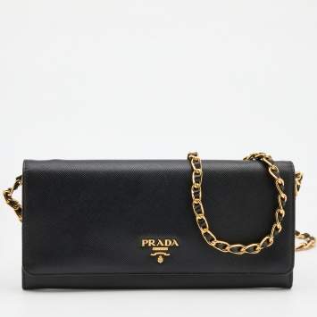Pre Owned Prada Black Saffiano Lux Leather Wallet on Chain